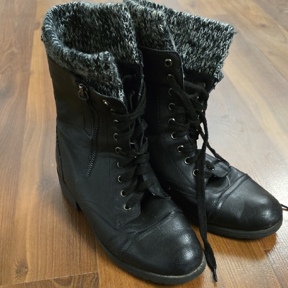 Wild Diva Black Combat Boots with Knit Cuff